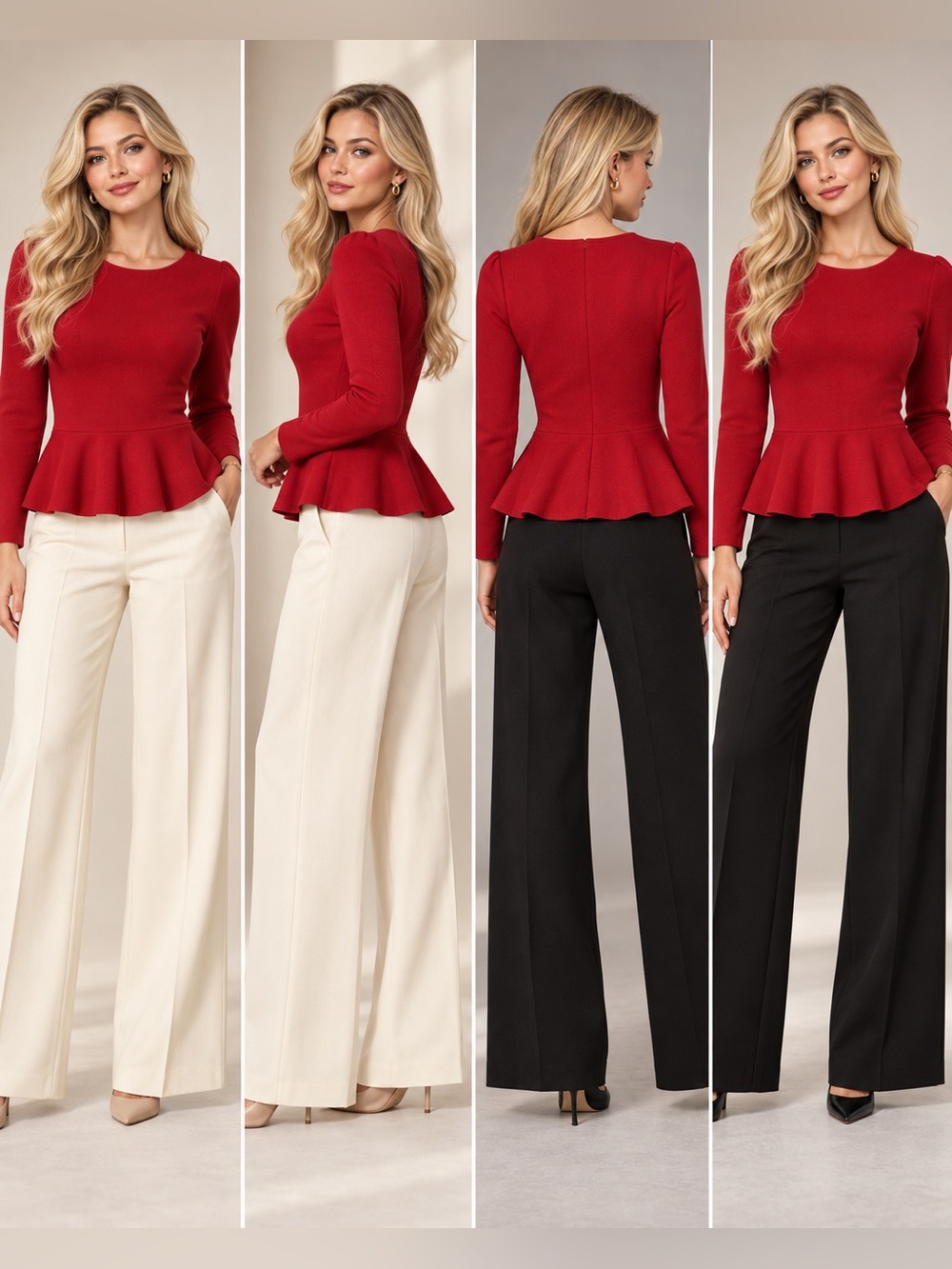 Jason Wu Red Peplum Long-Sleeve Knit Top Stretch Fit & Flare Blouse Size XS